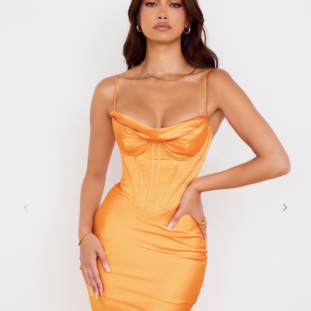 House of CB Myrna Tangerine Satin Corset Midi Dress